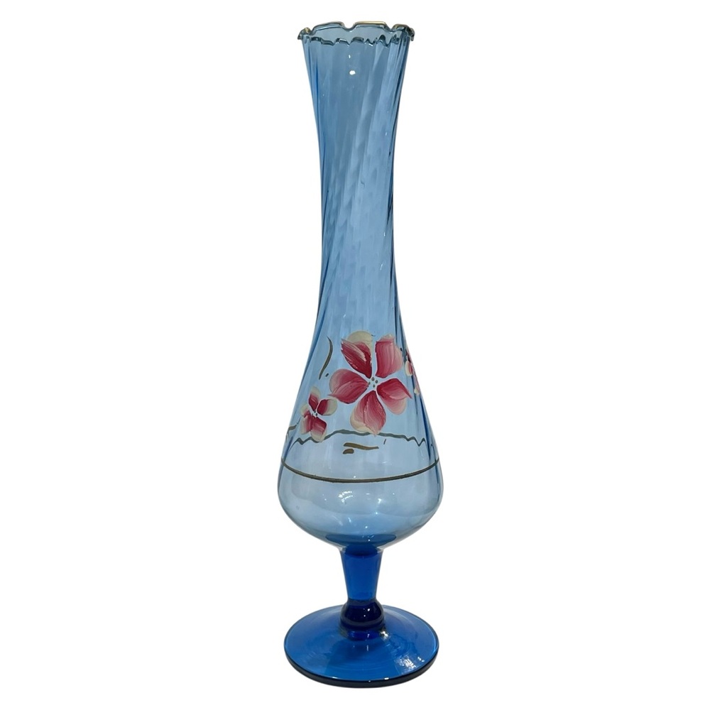 Vintage 1950s Footed Blue Glass Bud Vase with Ruffled Edge Hand Painted Flowers
